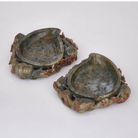 Appraisal: Pair of Spinach Green Jade Peach-Form Trays Each with deep