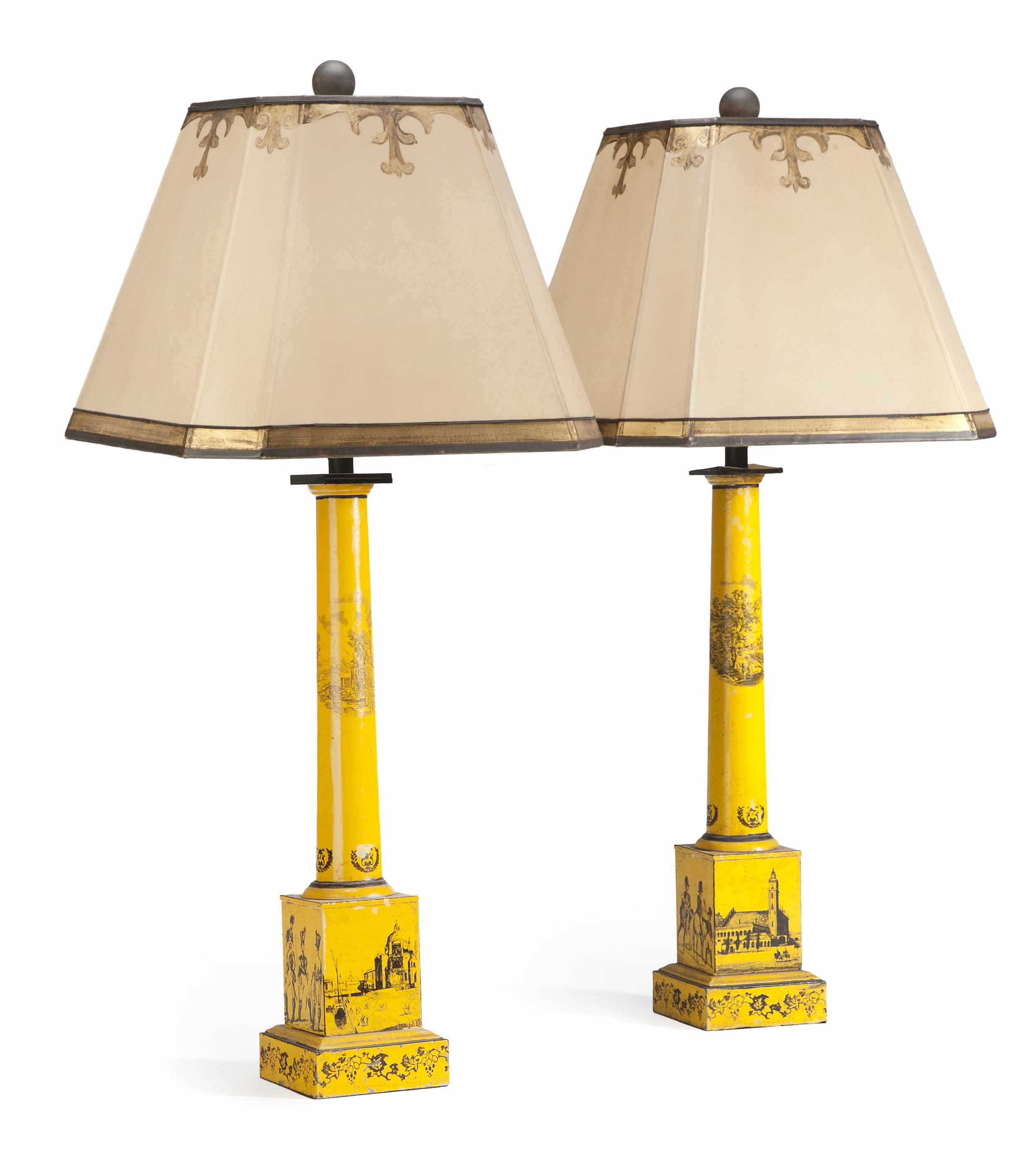 Appraisal: A pair of French yellow ground tle table lamps early