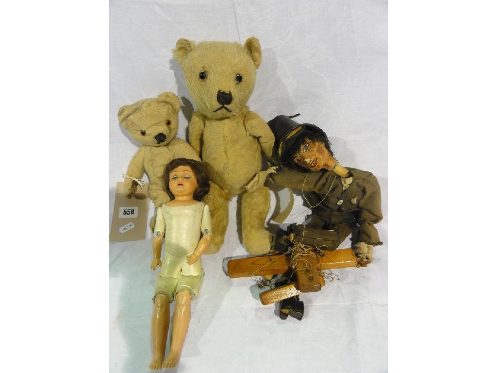 Appraisal: Two well loved teddy bears a puppet of a child