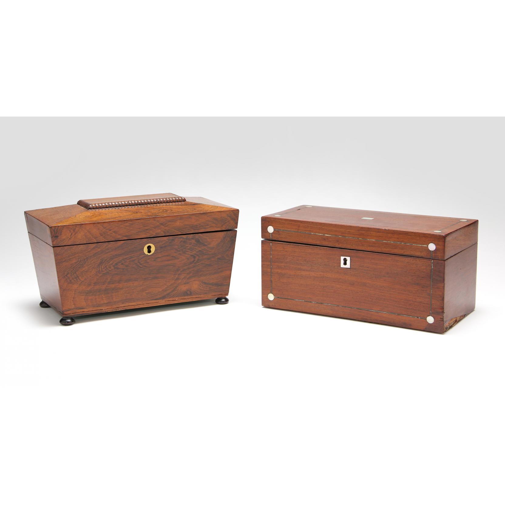 Appraisal: Two Antique English Tea Caddies the first of sarcophagus form