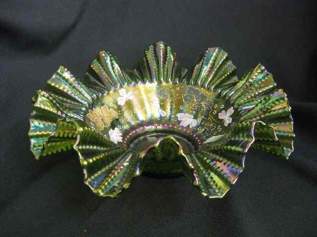 Appraisal: Art Glass Brides Bowl enameled floral on green iridescent body