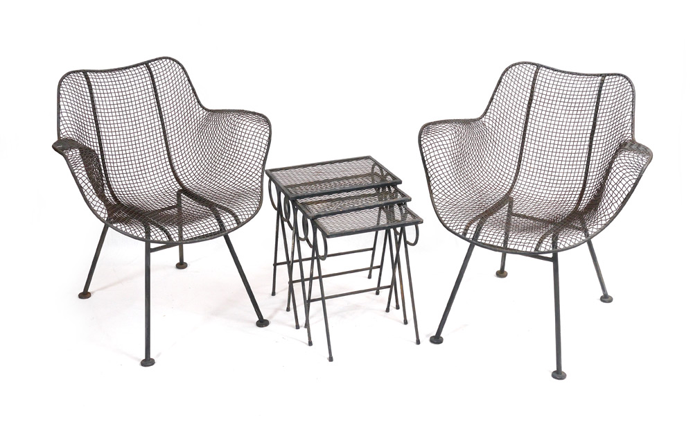 Appraisal: PAIR BERTOIA STYLE WIRE MESH CHAIRS TABLES Black painted metal