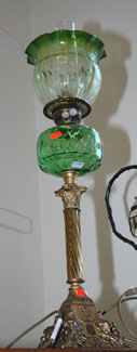 Appraisal: VICTORIAN BRASS COLUMN GREEN FONT AND SHADE BANQUET LAMP