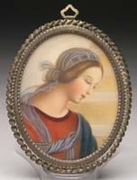 Appraisal: FRAMED OVAL MINIATURE PORTRAIT ON IVORY Half-portrait of a Madonna