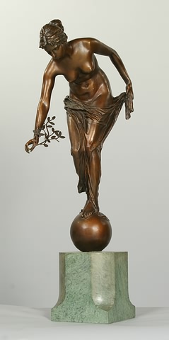 Appraisal: Bronze sculpture of female nude bending from the waist holding