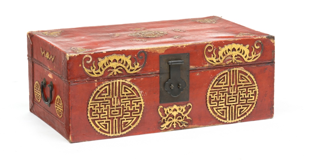 Appraisal: Twentieth century Red painted paper-mache like trunk with applied gold