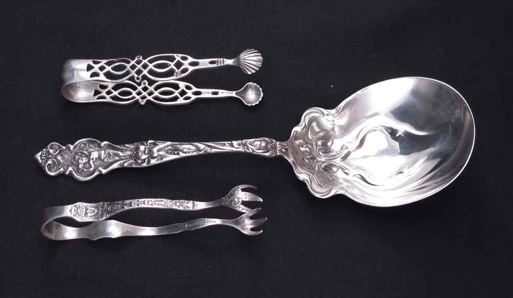 Appraisal: WALLACE IRIAN STERLING SERVING SPOON PLUS SUGAR TONGS To include