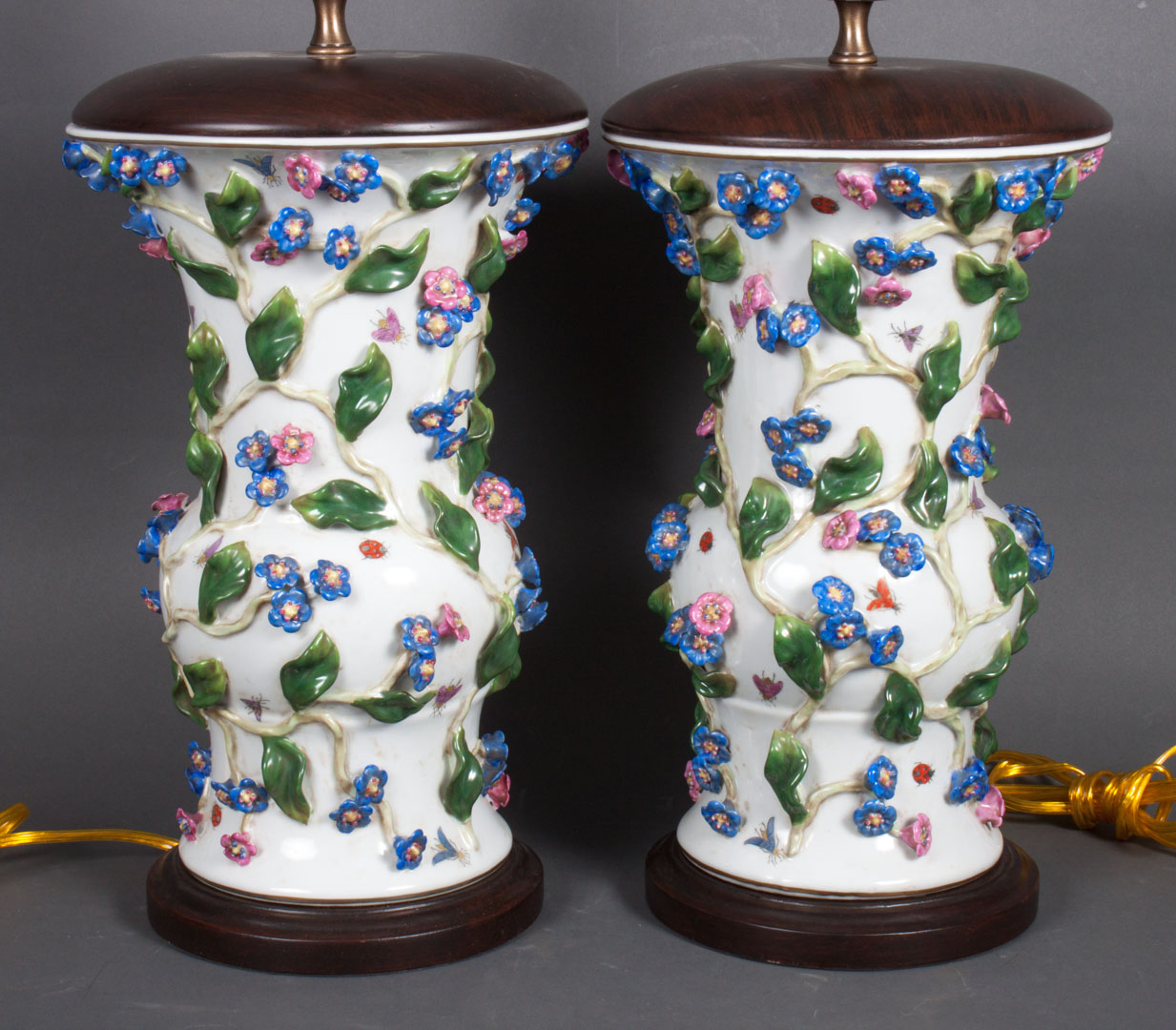 Appraisal: Pair of Meissen style porcelain lamps ku-form vases with applied