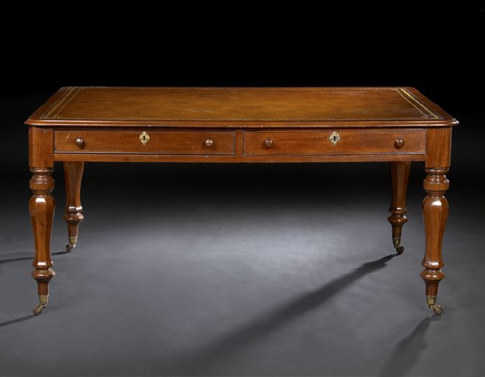 Appraisal: William IV-Style Mahogany Writing Table the rounded rectangular top with