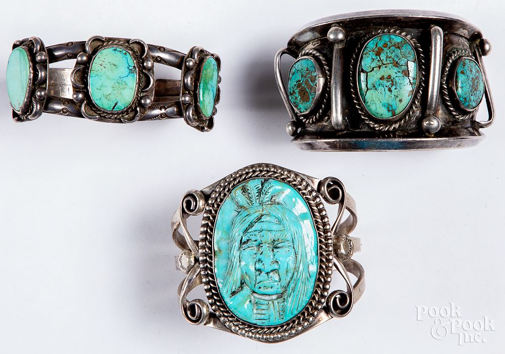 Appraisal: Three Navajo sterling silver turquoise bracelet Three Navajo sterling silver