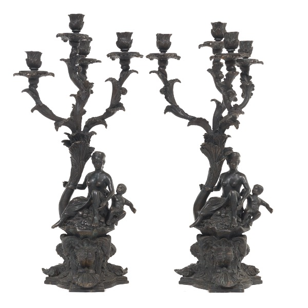 Appraisal: PAIR OF BRONZE FIGURAL CANDELABRA x Two candelabra each with