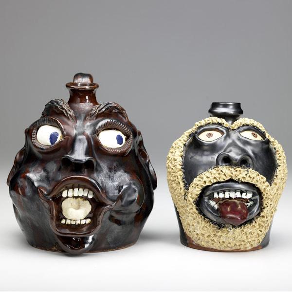 Appraisal: BILLY RAY HUSSEY Two Folk Art face jugs Signed B