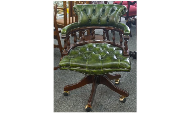 Appraisal: Captains Swivel Armchair With Green Leather Upholstered Seat Back And