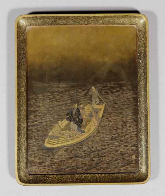 Appraisal: A SMALL LACQUER TRAY WITH A FERRY BOAT Japan Meiji