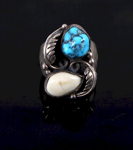 Appraisal: Signed Navajo Sterling Turquoise Elk Ivory Ring Available for your