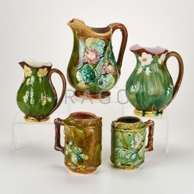 Appraisal: EUROPEAN MAJOLICA Five pitchers with floral motifs th th c