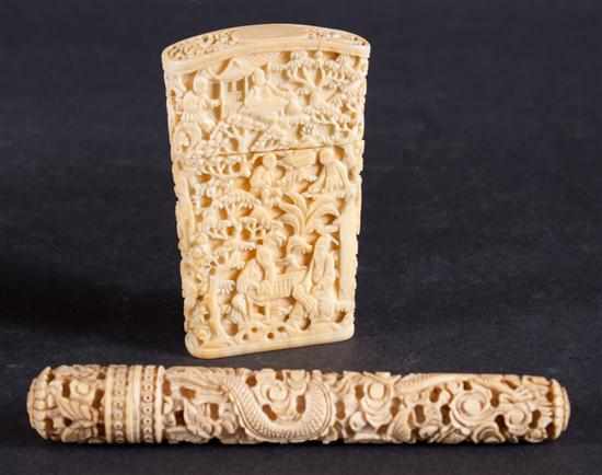 Appraisal: Two Chinese carved ivory needle cases fourth quarter- th century