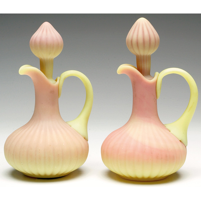 Appraisal: Mt Washington Burmese cruets pair ribbed body and stopper and