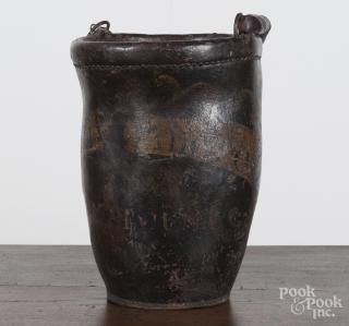 Appraisal: Painted leather fire bucket th c stamped Fenno likely for