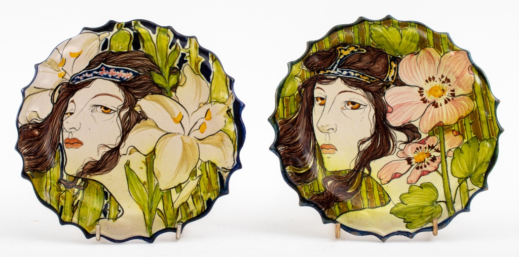 Appraisal: ART NOUVEAU HAND PAINTED POTTERY DISHES PAIR Pair of Art