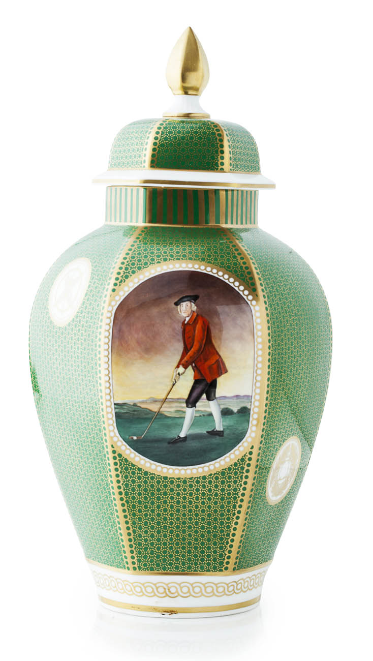 Appraisal: SPODE PORCELAIN COVERED VASE OF GOLFING INTEREST TH CENTURY the