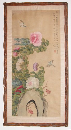 Appraisal: Artist Title Chinese hand painted scroll with chrysanthemum and bird