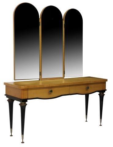 Appraisal: French mid-century modern maple mirrored vanity c s tri-fold mirror