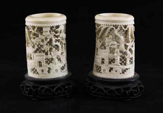 Appraisal: A pair of Chinese export ivory tusk vases late th