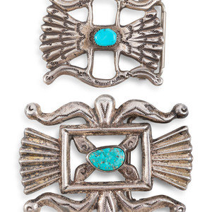 Appraisal: Pair of Navajo Sandcast Silver and Turquoise Belt Buckles mid