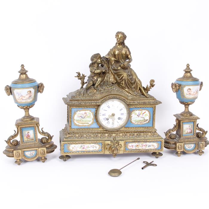 Appraisal: French Sevres porcelain and dore' bronze clock garniture H x