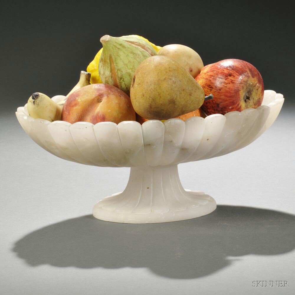 Appraisal: Collection of Eleven Carved Stone Fruit in an Alabaster Bowl