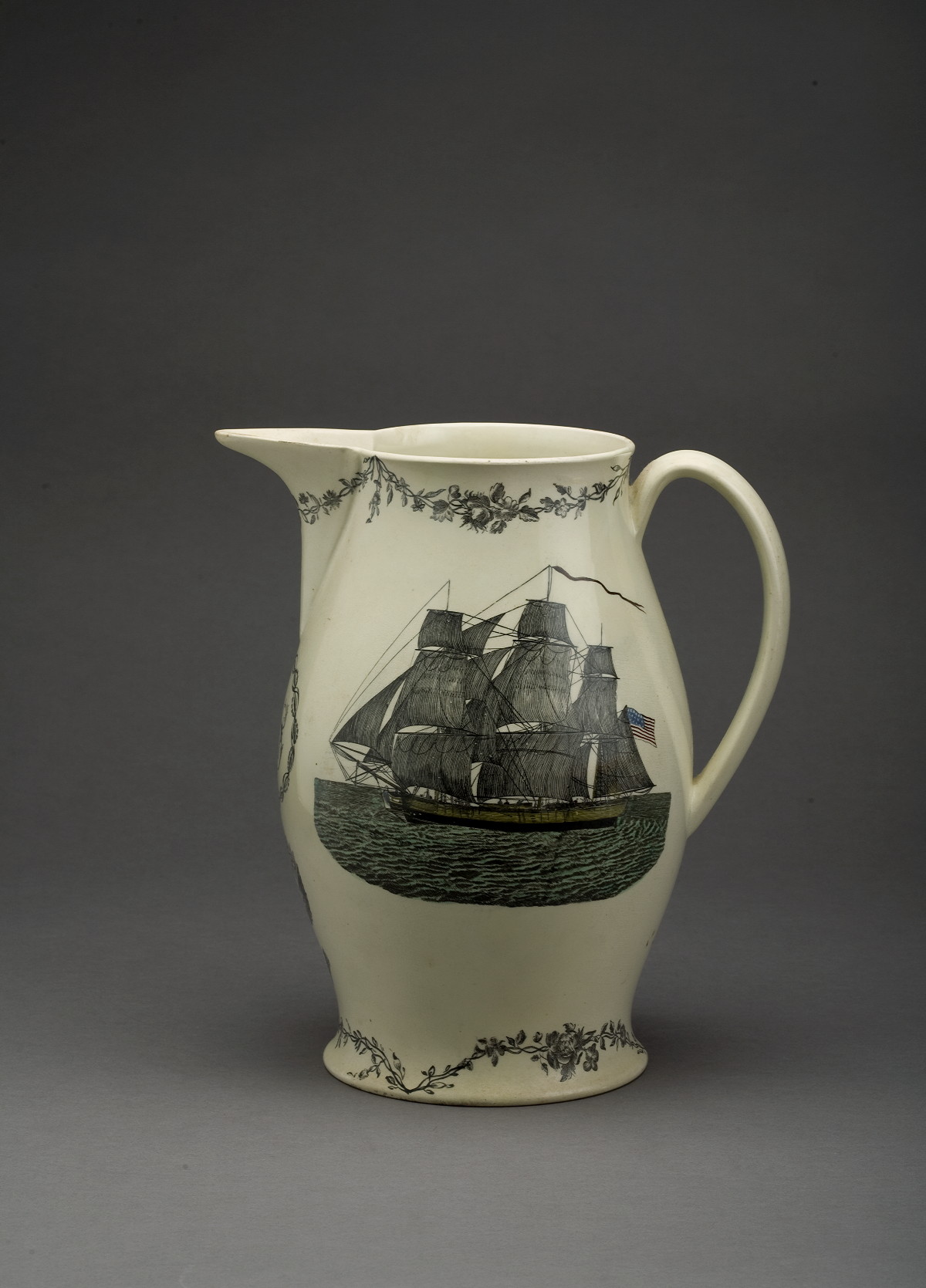 Appraisal: ENGLISH CREAMWARE ENAMEL-DECORATED AND BLACK TRANSFER-PRINTED JUG CIRCA Printed and