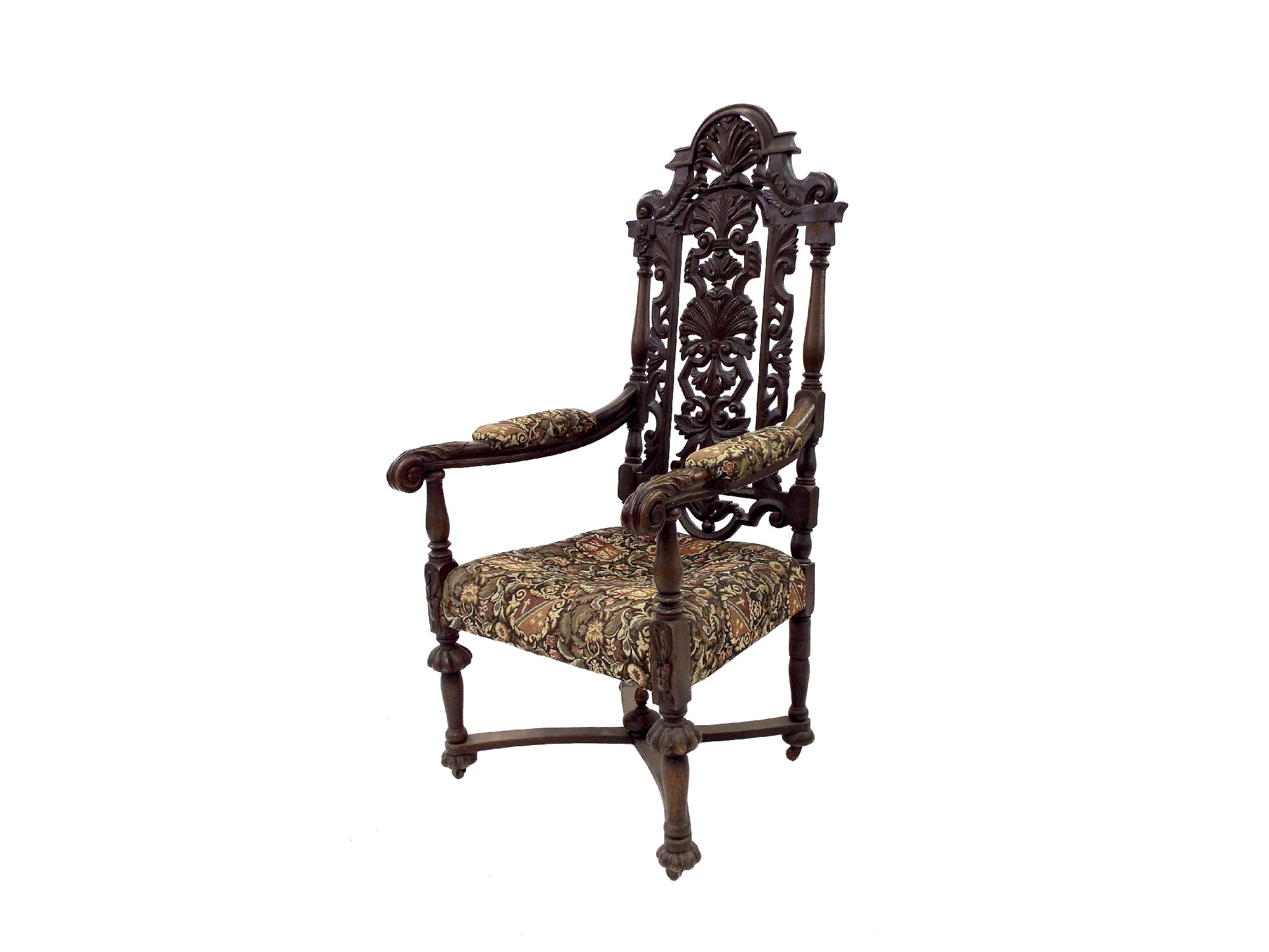 Appraisal: Carolean type oak throne chair the back carved with acanthus