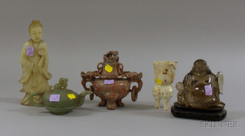 Appraisal: Four Chinese Carved Hardstone Items and a Glazed Ceramic Figural