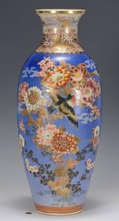 Appraisal: Satsuma Blue Ground Temple Vase Large Satsuma blue ground porcelain