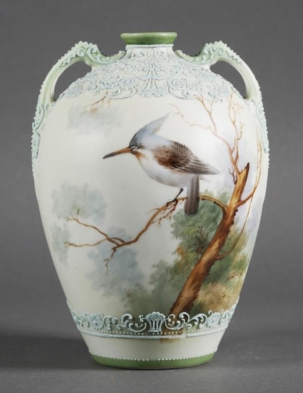 Appraisal: JAPANESE NIPPON MORIAGE KINGFISHER PORCELAIN VASEAntique Japanese Nippon vase Porcelain