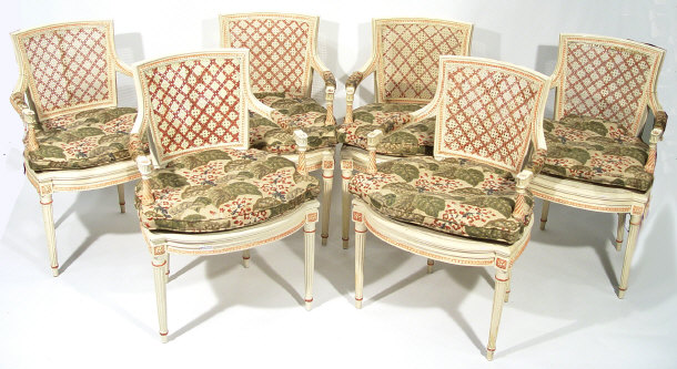 Appraisal: Set of six white painted fauteuils with cane backs and