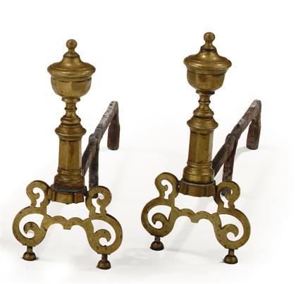 Appraisal: Pair of English brass andirons th century The baluster stems