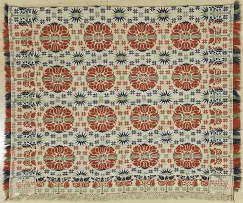 Appraisal: Pennsylvania red blue and green jacquard coverlet inscribed Made by