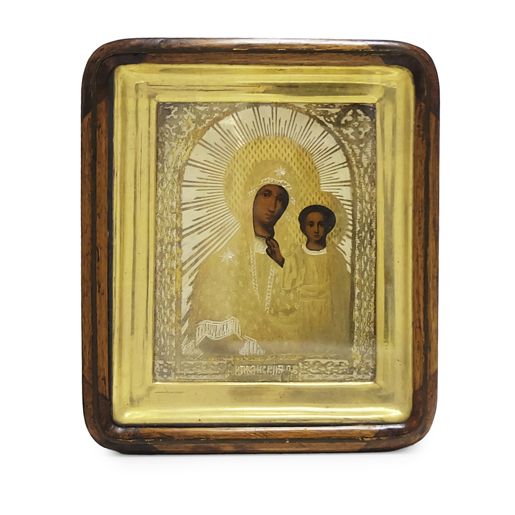 Appraisal: SMALL CASED RUSSIAN ICON MOTHER OF GOD 'HODEGETRIA' IN A