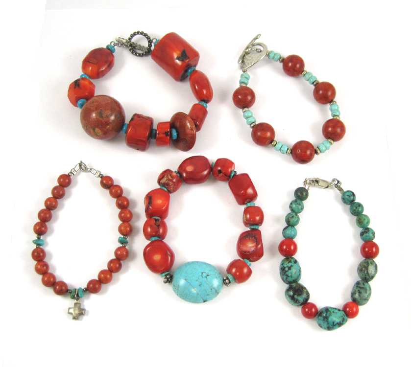 Appraisal: FIVE CORAL AND TURQUOISE BEADED BRACELETS one is a stretch