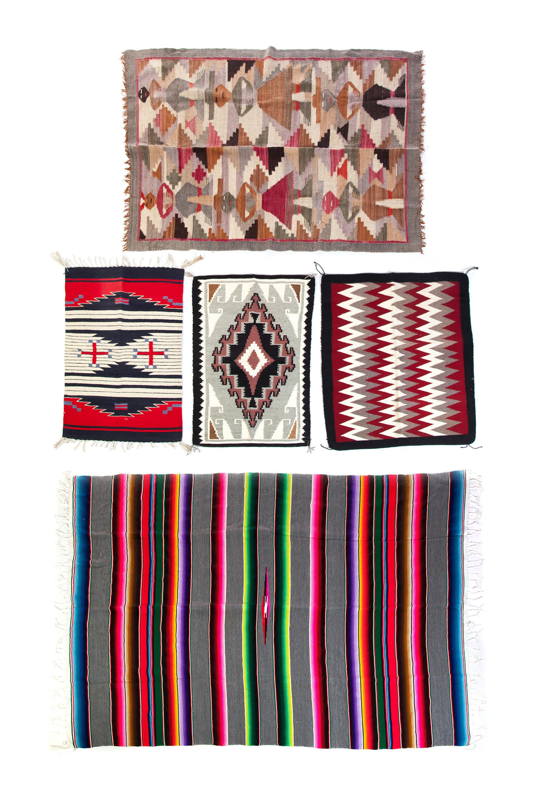 Appraisal: FIVE SOUTH WEST TEXTILES Twentieth century Area rugs in geometric