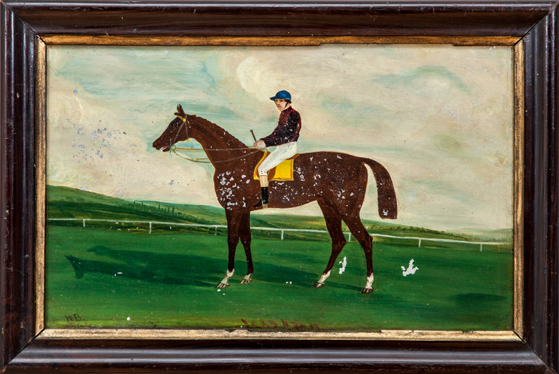 Appraisal: AMERICAN SCHOOL HORSE AND RIDER Oil on tin signed with