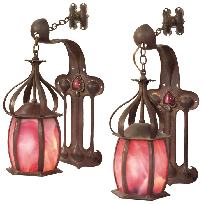 Appraisal: Arts Crafts sconces pair six-sided slag glass shades held on