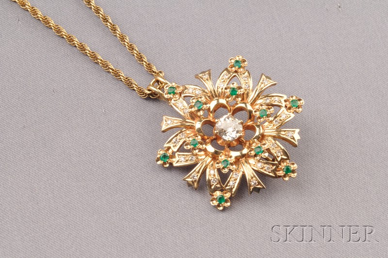 Appraisal: kt Gold and Diamond Pendant Brooch the flower motif centering