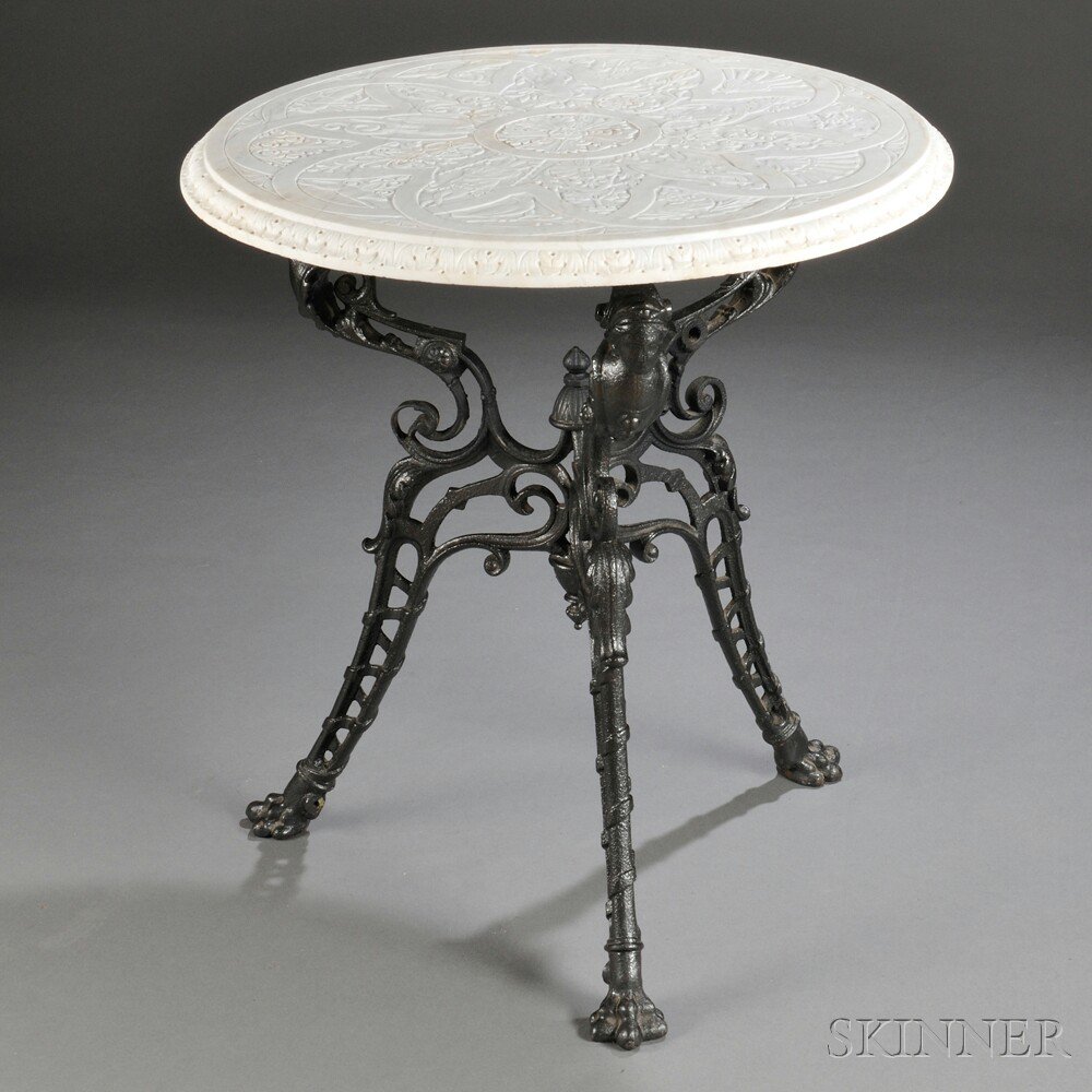 Appraisal: Neoclassical-style Carved White Marble Table Top on an Iron Base