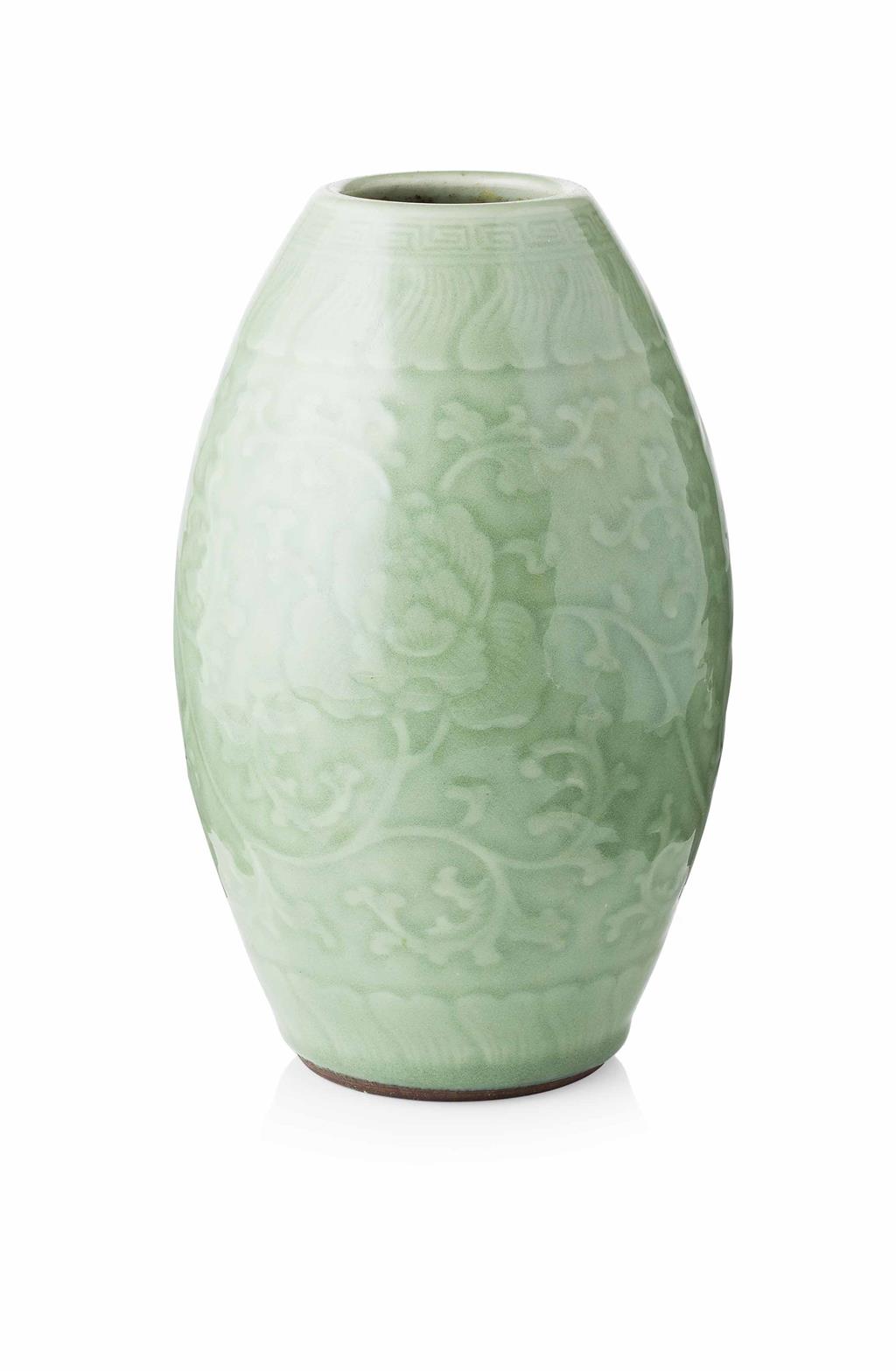 Appraisal: CELADON-GLAZED VASE QING DYNASTY TH CENTURY the exterior applied with