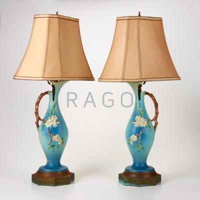 Appraisal: ROSEVILLE Pair of Apple Blossom ewers mounted as lamp bases