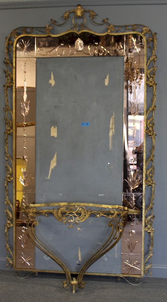 Appraisal: Gilt Metal Art Deco Console And Mirror The console has