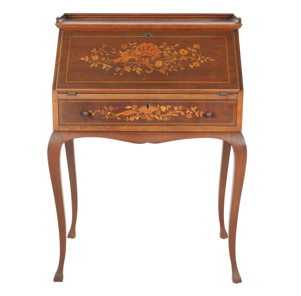 Appraisal: MARQUETRY SLANT-FRONT DESKwith fitted interior with key Condition fading to